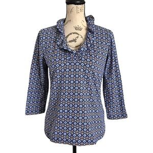 J. McLaughlin Durham Ruffle Catalina Cloth Top M Blue tan 3/4 sleeve Preppy